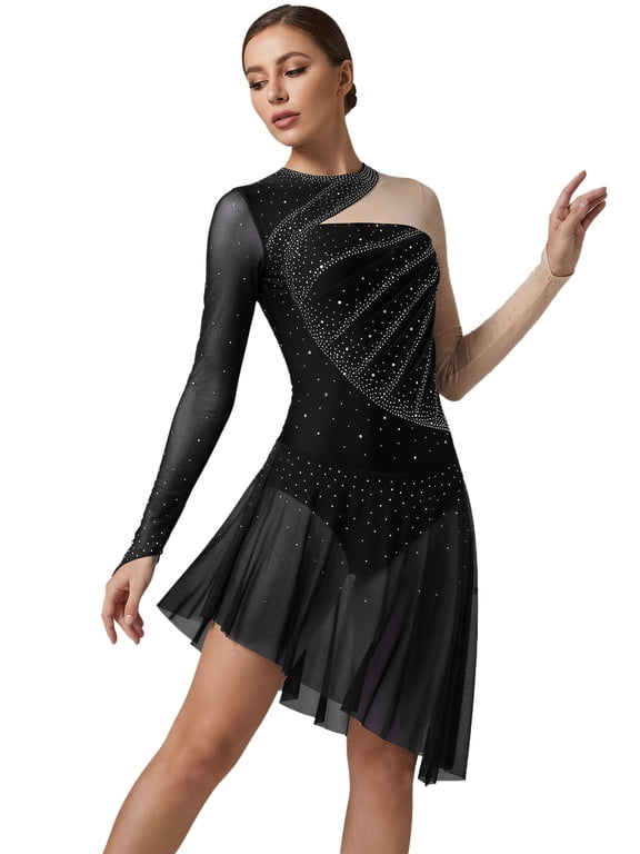 Women's Shiny Rhinestone Lyrical Dance Costumes Long Sleeve Asymmetrical Figure Ice Skating Dress Black M