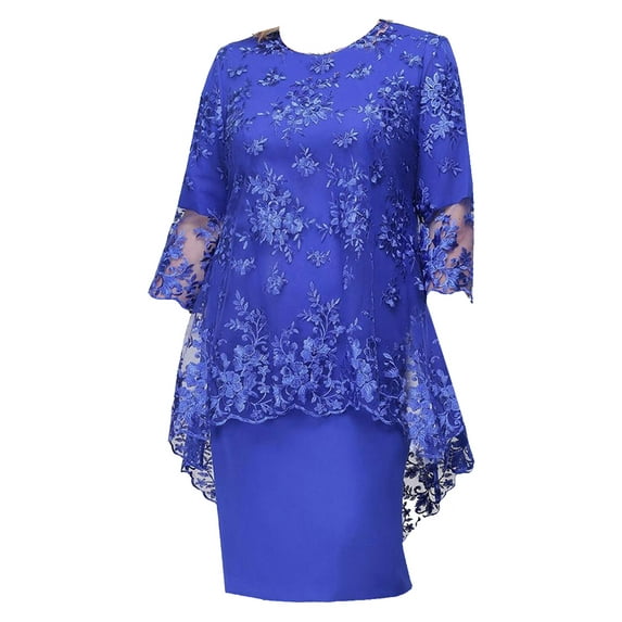 iixpin Women's Short Sleeve Embroidery Lace Cocktail Party Midi Dress Plus Size Wedding Guest Dresses Royal Blue 5XL