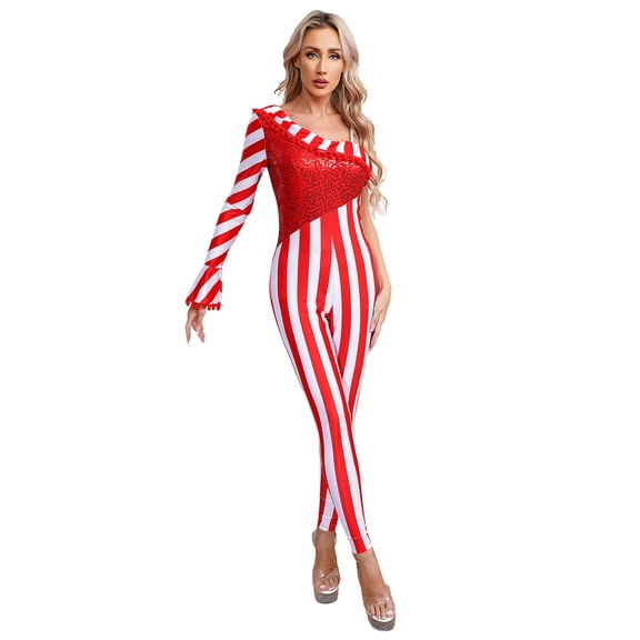 iixpin Womens Christmas Candy Cane Jumpsuit Unitard One Shoulder Shiny Bowknot Bodysuit Fancy Dress Red XXL