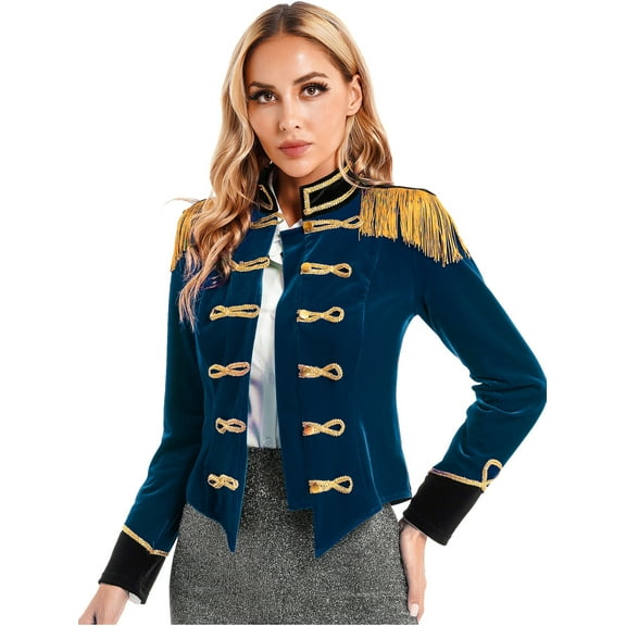 iixpin Womens Circus Ringmaster Jacket Costume Velvet Victorian Coat Ringleader Christmas Outfit Dark Blue M