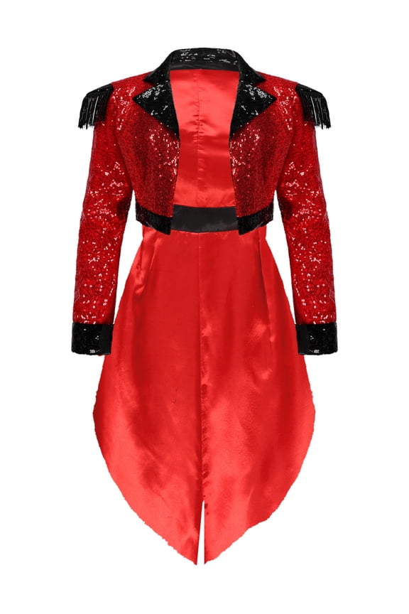 Womens Circus Ringmaster Tailcoat Lion Tamer Tassels Uniform Sequined Swallow-Tailed Coat Red 3XL