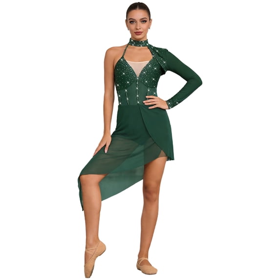iixpin Womens One Shoulder Rhinestones Bodysuit Dress Asymmetric Modern Lyrical Dance Costume Dark Green XXL