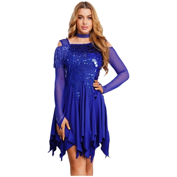 iixpin Womens Sequin Latin Tango Salsa Samba Dance Dress Asymmetrical Cocktail Dress Ballroom Dancewear Royal Blue M