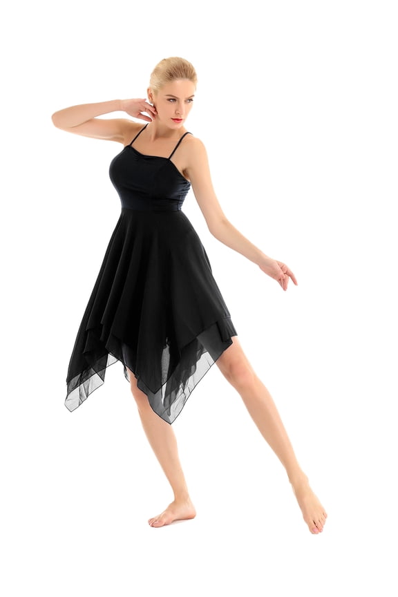 Womens Spaghetti Strap Lyrical Ballet Dance Dress High Low Mesh Skirt Dancewear Black XL