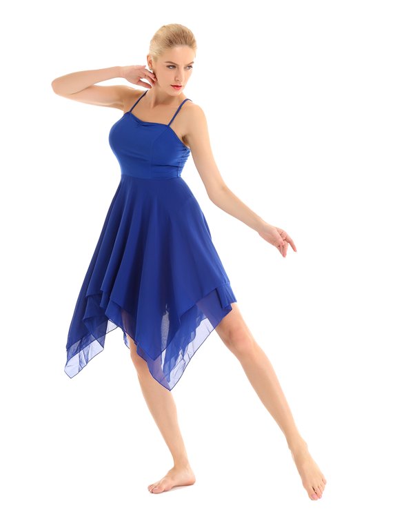 Womens Spaghetti Strap Lyrical Ballet Dance Dress High Low Mesh Skirt Dancewear Blue XXL