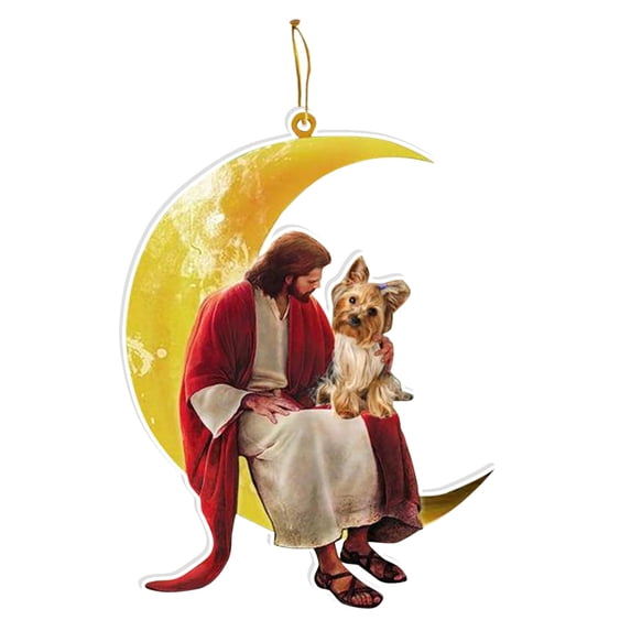 iju7gthy 4th of July Dog and Jesus Sitting on The Moon Hanging Ornament, Christmas Ornament Decoration