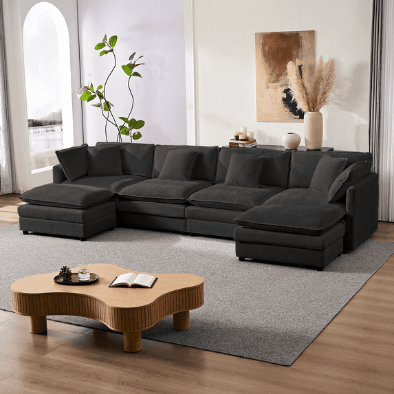 ijuicy 148'' U/L Shaped Sectional Sofa with Movable Ottomans, Modular Chenille Deep Seat Couches for Living Room - Dark Gray