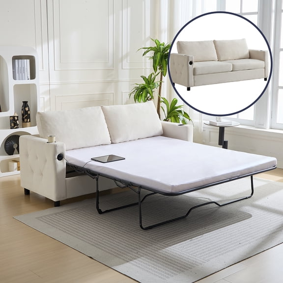 ijuicy 2 in 1 Pull Out Couch Bed, Convertible Sleeper Sofa Queen Size, Sofa Bed with USB Port for Living Room - Beige