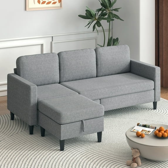 ijuicy 76'' Reversible Sectional Sofa with Storage Ottoman, 3 Seater L Shaped Sofa for Living Room - Light Grey
