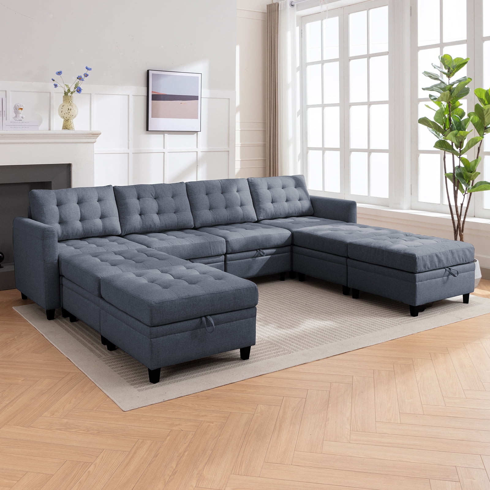 ijuicy 8Seat UShaped Sectional Sofa with Adjustable Armrest and Storage Ottoman, Linen