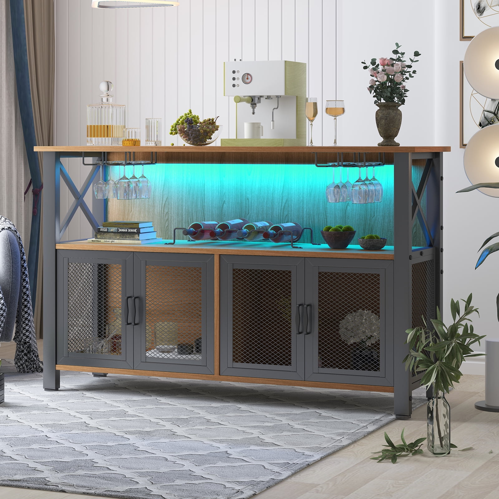 ijuicy Bar with LED Lights, Metal Mesh Door Coffee Bar