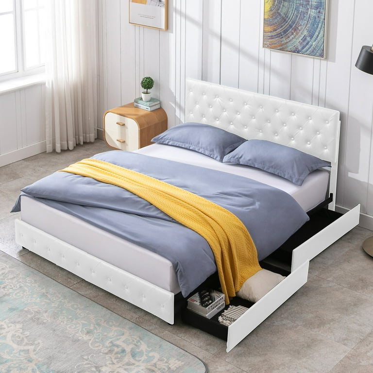 ijuicy Cal King Size Upholstered Platform Bed Frame with 4 Storage Drawers PU Leather Modern Bed Frame with Adjustable Headboard White