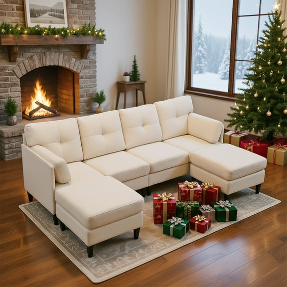 ijuicy Convertible U/L Shaped Sectional Sofa with Chaises , 6 Seater Couch for Living Room, Beige