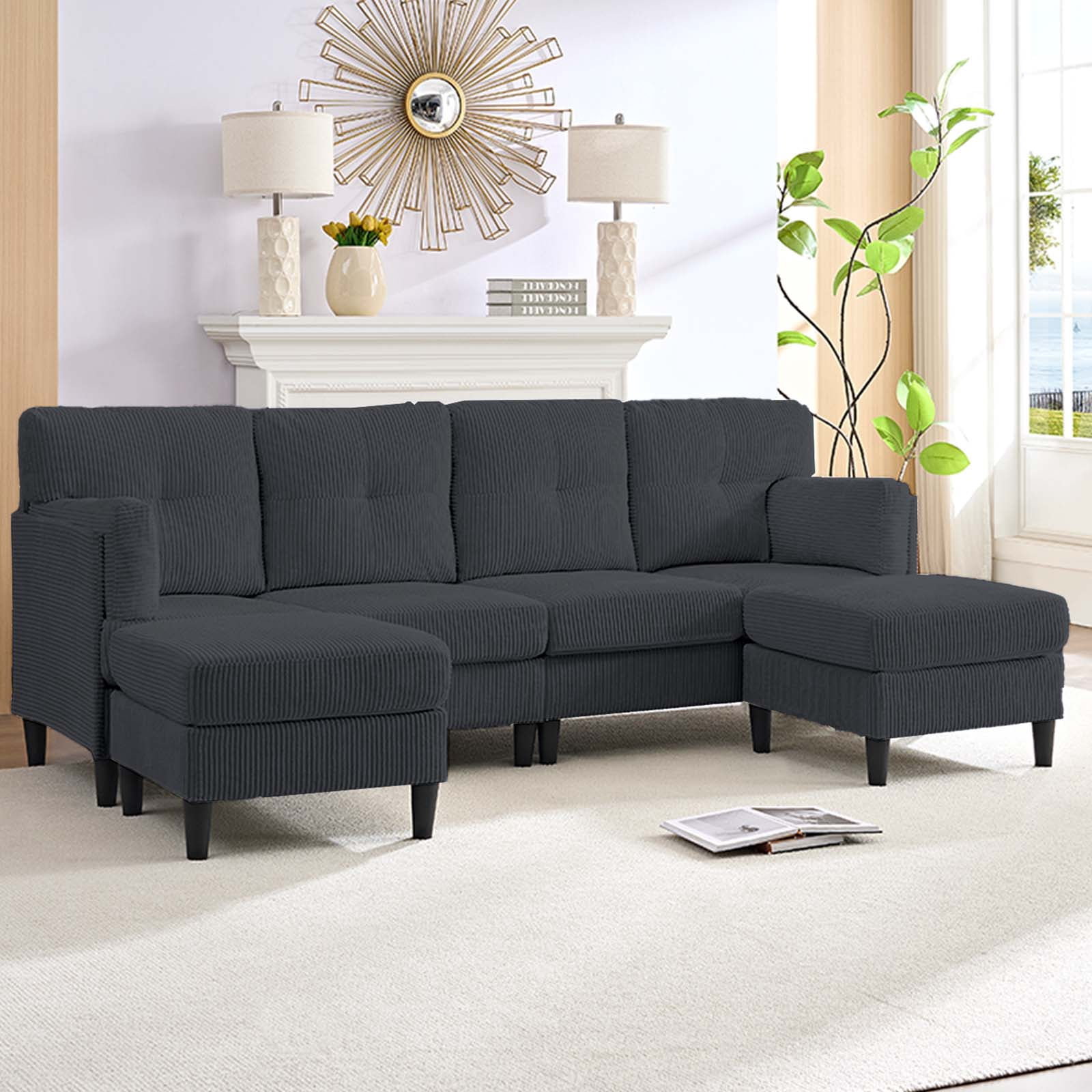 ijuicy Convertible U/L Shaped Sofa with Chaises, 6 Seater Couch for Living Room, Dark Gray