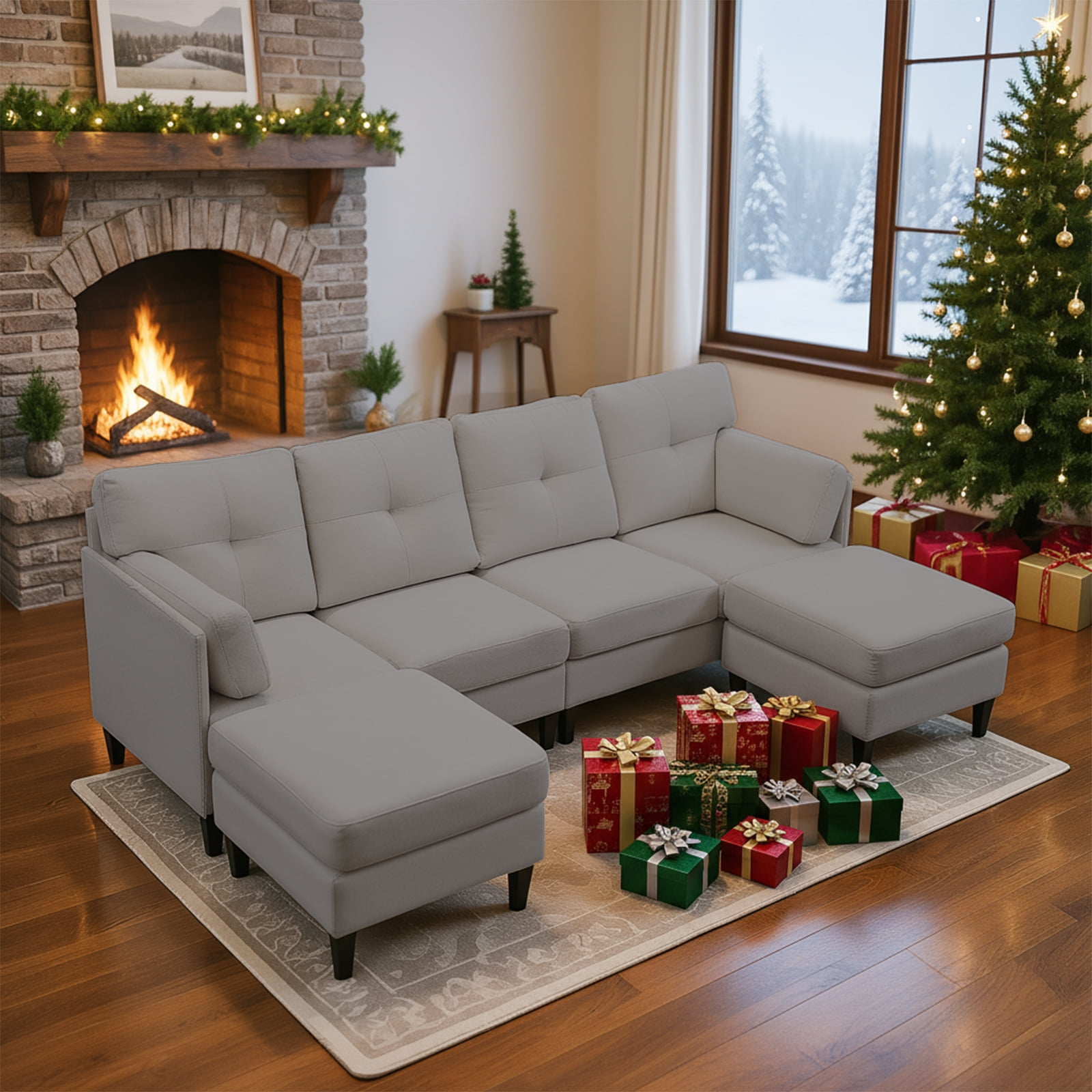 ijuicy Convertible U/L Shaped Sofa with Chaises, 6 Seater Couch for Living Room, Light Gray