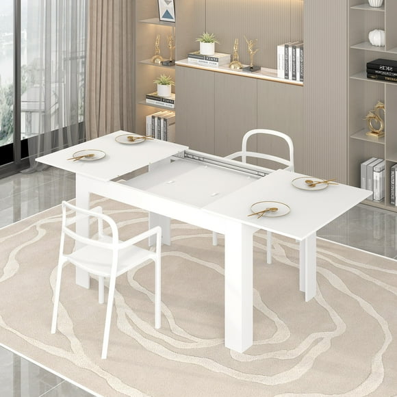 ijuicy Extendable Kitchen&Dining Room Table for 4-10, Wooden Table with Metal Extension Mechanism, Modern Rectangular Extendable Tranformer Dining Table for Kitchen, Small Spaces, White