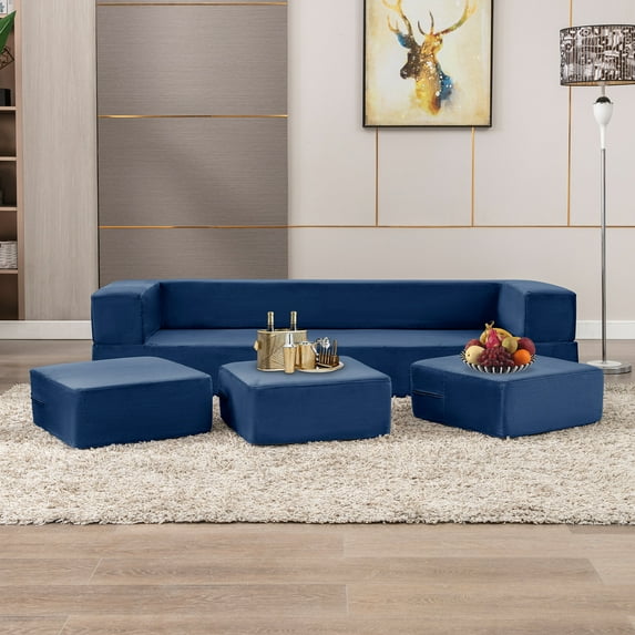 ijuicy Foldable Sleeper Sofa Bed Queen Size, Convertible Futon Couch Bed with 3 Ottomans, Fold Out Futon Sofa Bed with Memory Foam Mattress, Queen Size Floor Couch, Blue