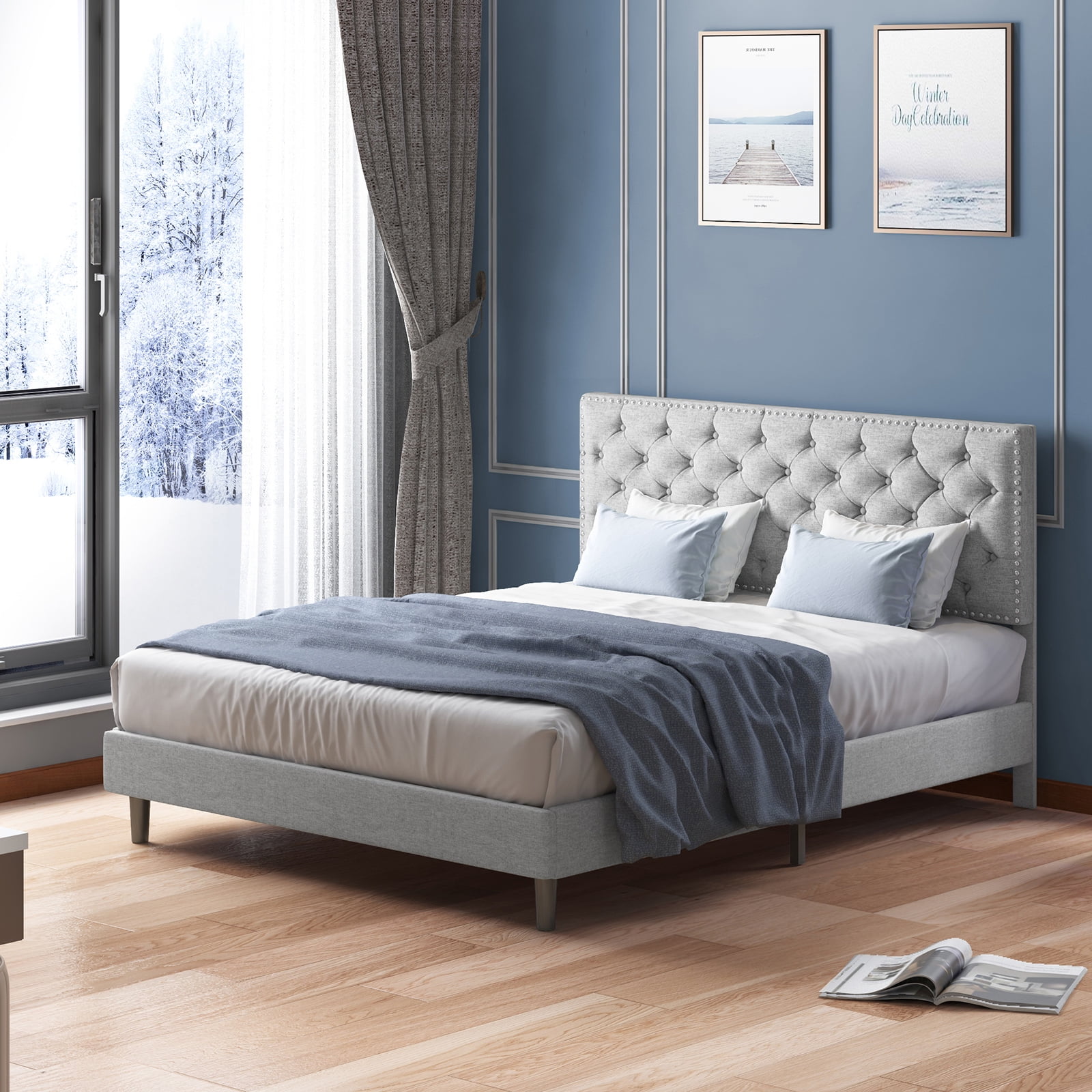 ijuicy Full Bed Frame with Adjustable Height Headboard, Upholstered