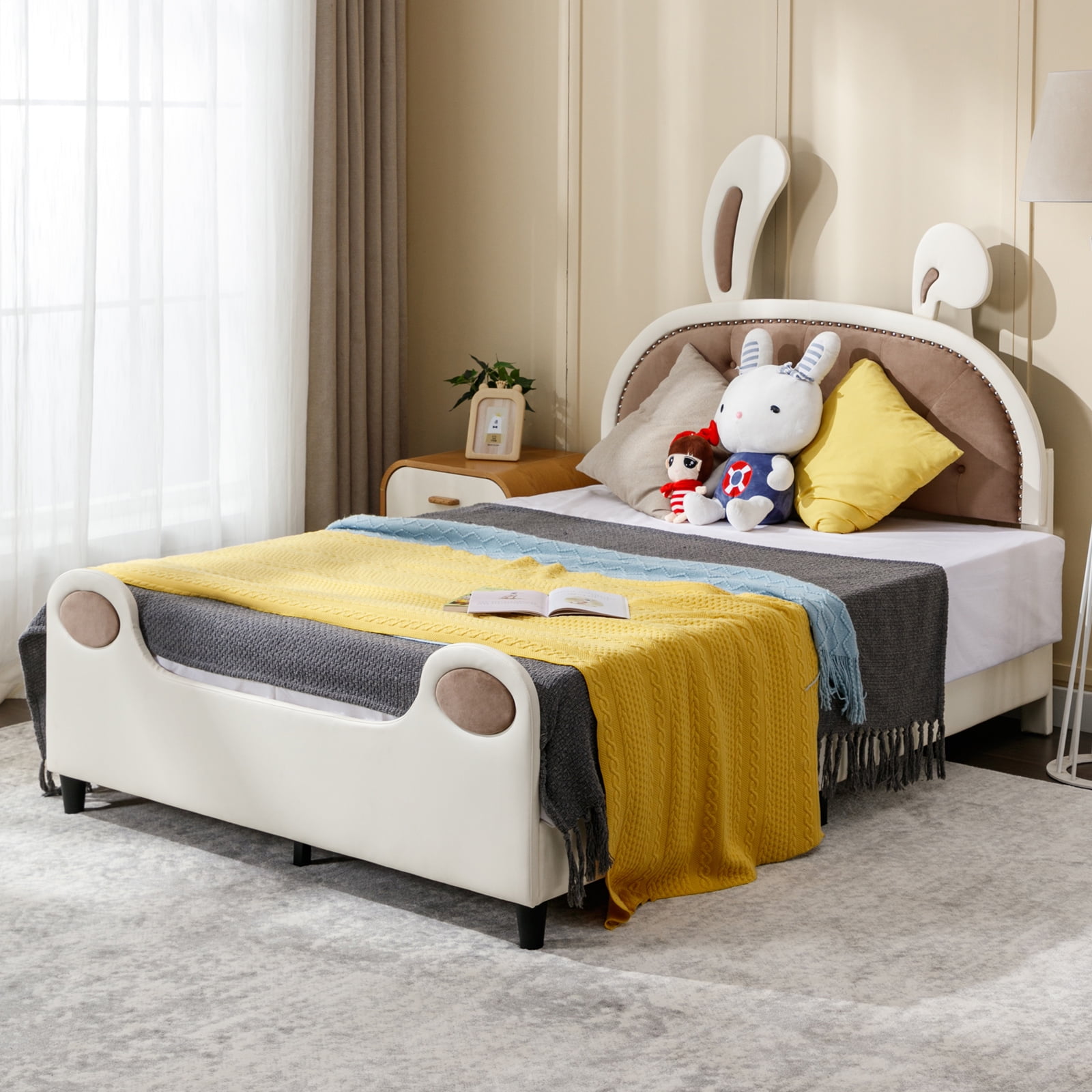 ijuicy Full Size Bed Frames for Kids, Children Upholstered Bed with Rabbit Ears Headboard, Bunny