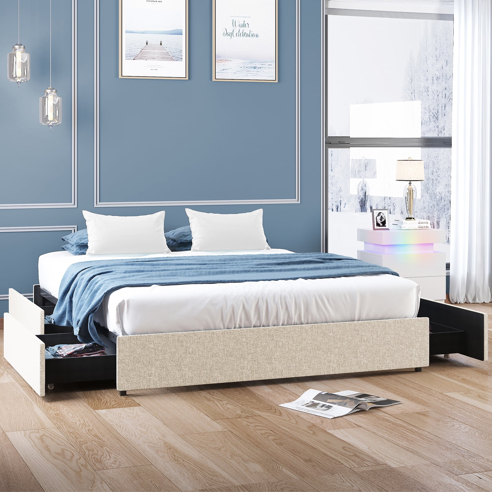 ijuicy Full Size Linen Upholstered Bed Frame with 4 Storage Drawers