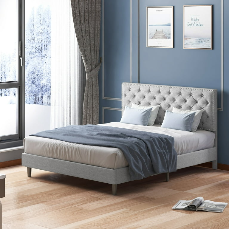 ijuicy King Bed Frame with Adjustable Height Headboard Upholstered Platform Bed Frame with Engineered Wooden Slats Tufted Double Bed Mattress