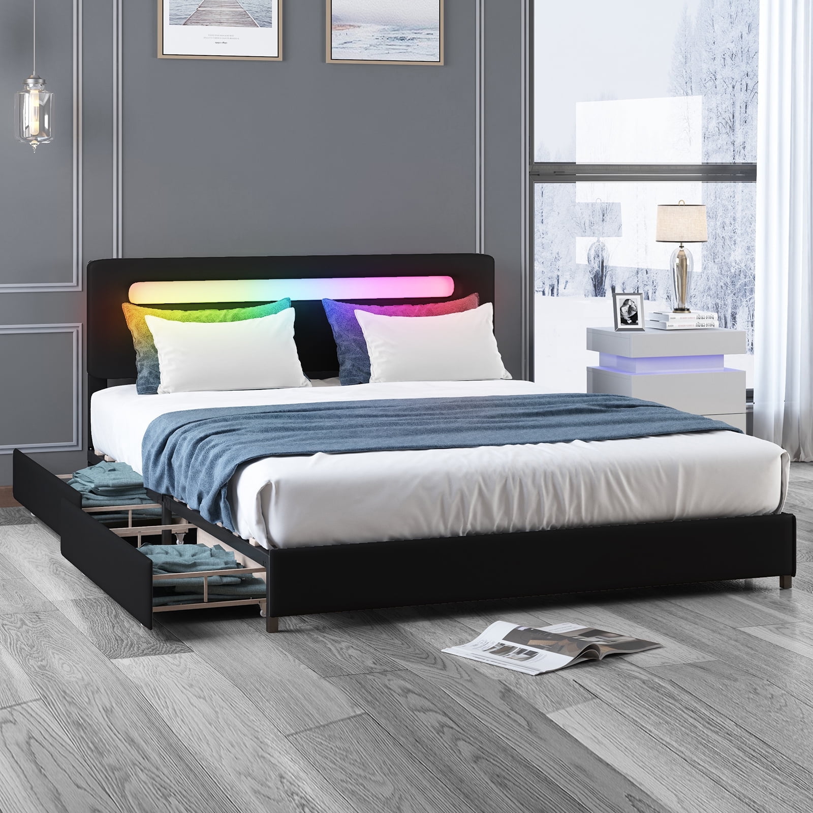 Queen Size Upholstered Bed with LED Lights and Storage