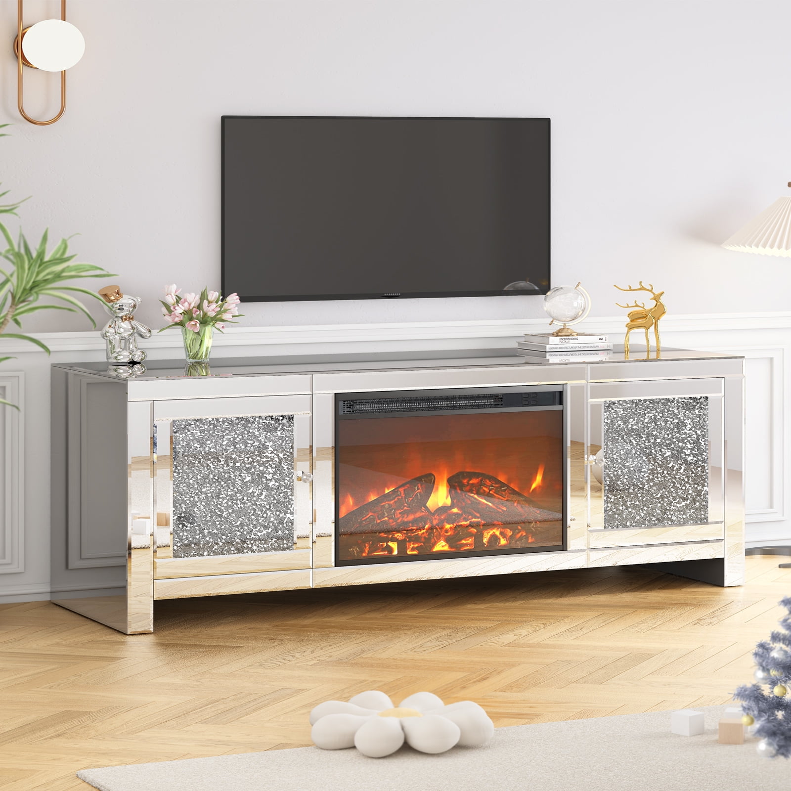 ijuicy Mirrored Fireplace TV Stand with LED Lights & 2 Storage