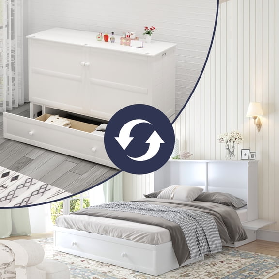 ijuicy Murphy Bed Chest, Cabinet Bed with Trifold Foam Mattress, Queen Murphy Cube Cabinet Bed with USB Charging Station and Large Storage Drawers for Bedroom/Office-White