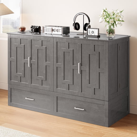 ijuicy Murphy Bed with Charging Station, Queen Size Solid Wood Cabinet Bed, Cube Chest Bed for Guest Room/ Office/Apartment-Gray