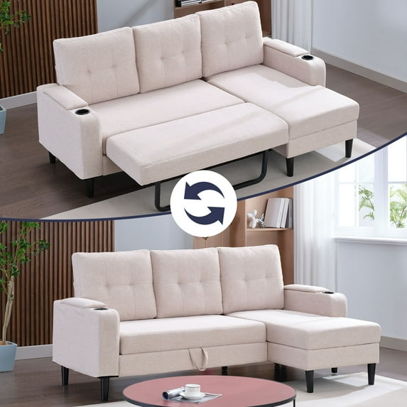 ijuicy Pull Out Sofa Bed, 3-Seat Pull Out Couch Bed with Linen Upholstered, 80” Sleeper Sofa with Storage Armrest & Cupholders, L-Shape Sectional Sleeper Sofa for Living Room, Apartment Beige