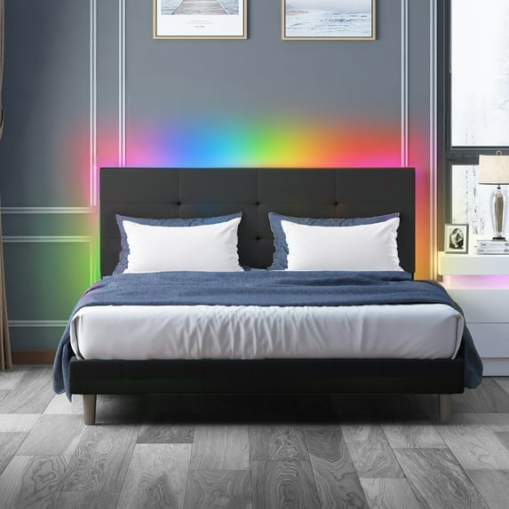 Ijuicy Queen Modern Wood Platform Bed with LED Lights, Black