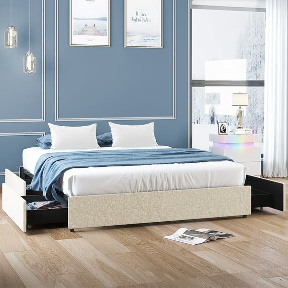 ijuicy Queen Size Linen Upholstered Bed Frame with 4 Storage Drawers, Platform Bed without Headboard, Solid Wooden Slats & Iron Supports, Noise Reduction, No Box Spring Needed - Beige