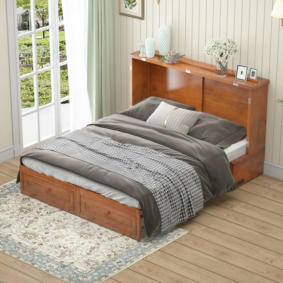 ijuicy Queen Size Murphy Bed Cabinet with Built-in Charging Station and Storage Drawer, Solid Wood Cabinet Bed Queen Size with Mattress, Murphy Cube Chest Bed for Guest Room, Home, Office- Cherry