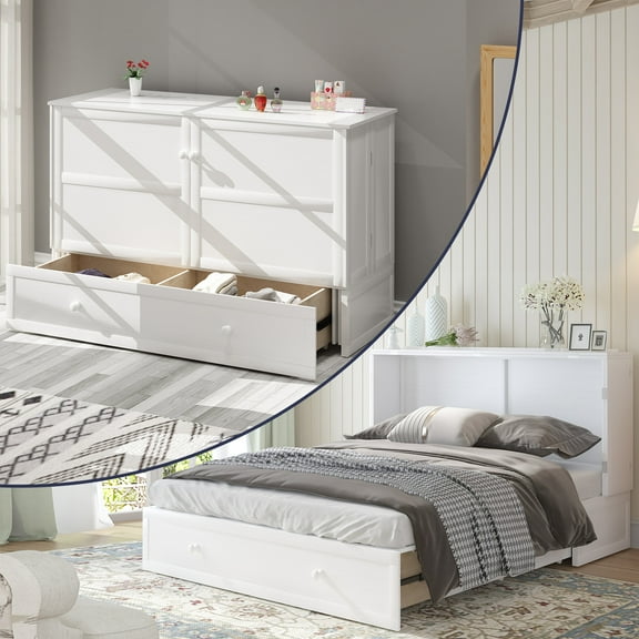 ijuicy Queen Size Murphy Bed Cabinet with Built-in Charging Station and Storage Drawer, Solid Wood Cabinet Bed Queen Size with Mattress, Murphy Cube Chest Bed for Guest Room, Home, Office- White
