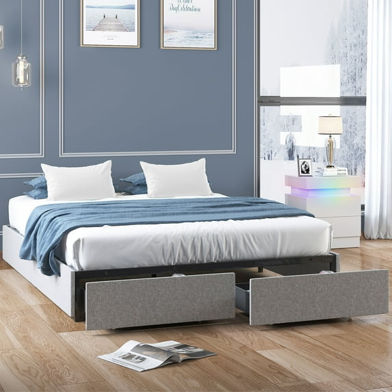 ijuicy Queen Size Upholstered Bed Frame with Storage Drawers, Wooden Slat Support Bed Frame, Linen Fabric Upholstered Platform Bed, Bed Frame with Large Storage Space Light Grey