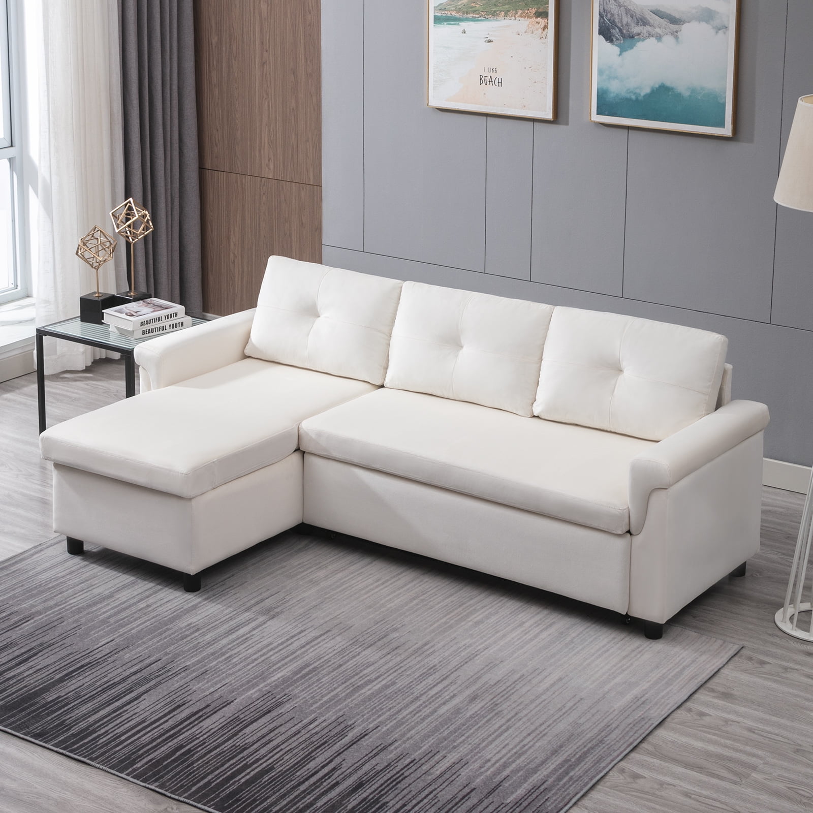 ijuicy Sectional Sleeper Sofa Couch with Storage Chaise Lounge, Pull