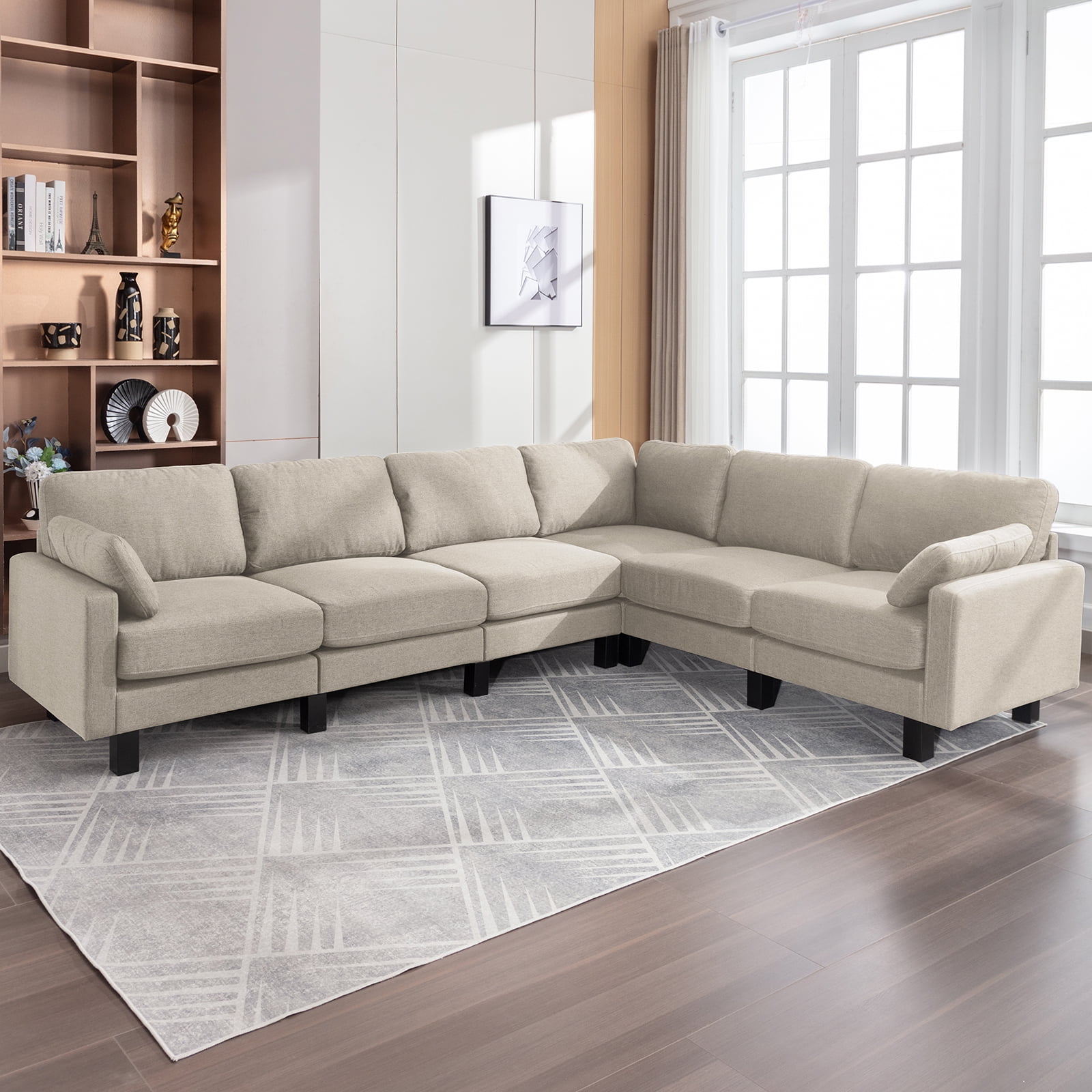 ijuicy Sectional Sofa with Linen Upholstered, 6-Seat L-Shaped Modular ...