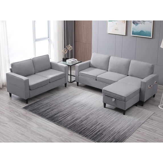 ijuicy Sectional Sofa Set,2PCS Living Room Furniture Couch Sets with Movable Storage Ottoman,Include Sofa&Loveseat, Light Gray