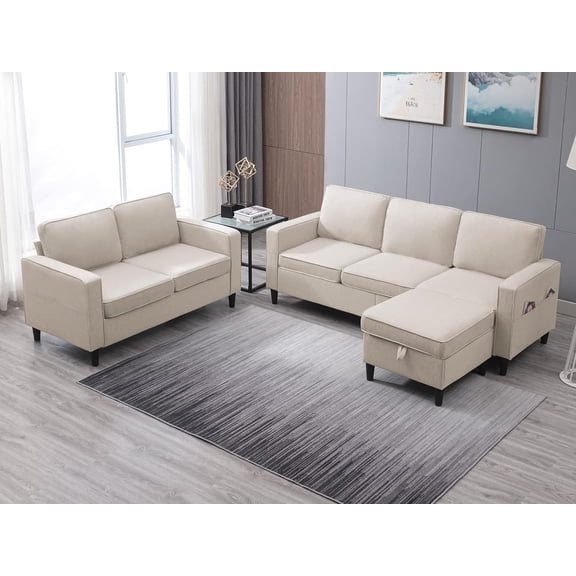 ijuicy Sectional Sofa Set,2PCS Living Room Furniture Couch Sets with Movable Storage Ottoman & Side Pockets,Include Sofa,Loveseat,Beige