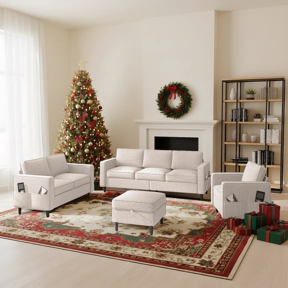 ijuicy Sectional Sofa Set,3PCS Living Room Furniture Couch Sets with Movable Storage Ottoman,Include Sofa&Loveseat&Chair, Beige