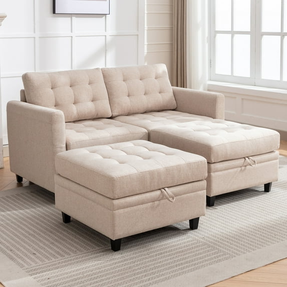 ijuicy Sectional Sofa with Movable Storage Ottoman, Couches and Sofas for Living Room - Beige