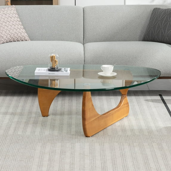 ijuicy Triangular Coffee Table with 12mm Tempered Glass, Vintage Triangle End Table with Solid Wood Base, Modern Side Table For Living Room, Patio, Studio Light Walnut