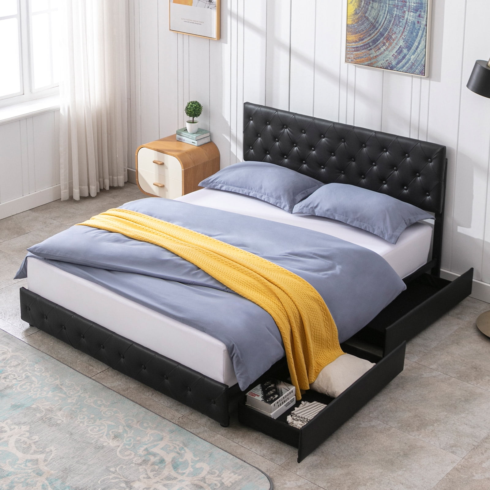 ijuicy Upholstered Platform Bed Frame with 4 Storage Drawers, PU
