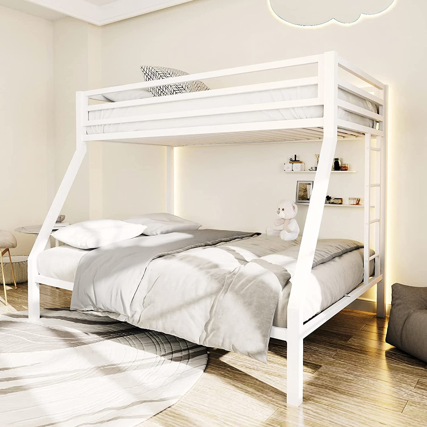 ikalido Metal Loft Bunk Bed Twin Over Full Size with Safety Guardrail