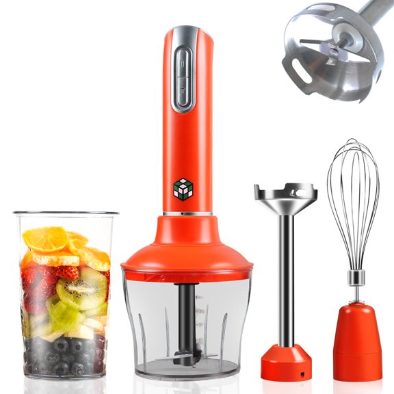 ikan 12 Speed Immersion Hand Blender (Titanium Coating), 500-Watt Motor 4-in-1 Blender Set, BPA-Free Smoothie Blender / Food Chopper / Egg Beater / Beaker (Ergonomic Grip, Red)