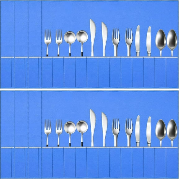 ikaufen 8Pcs Silver Cutlery Storage Roll Bag - Anti-Tarnish Blue Holder for Kitchen, Camping & Cooking Utensils With White Ribbon