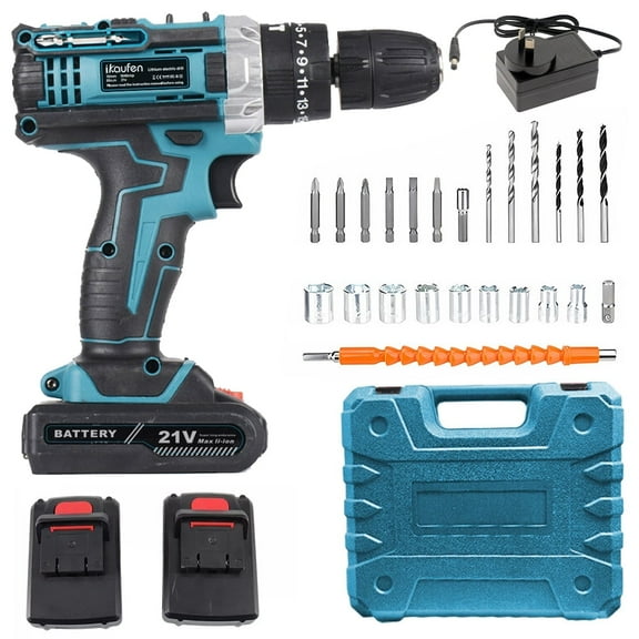 ikaufen Cordless Drill Driver, 21V Electric Drill Screwdriver Kit with 25+1 Torque, 2 Speed with 2 Batteries 1.5Ah, LED Light Cordless Combi for Home and Garden DIY Project