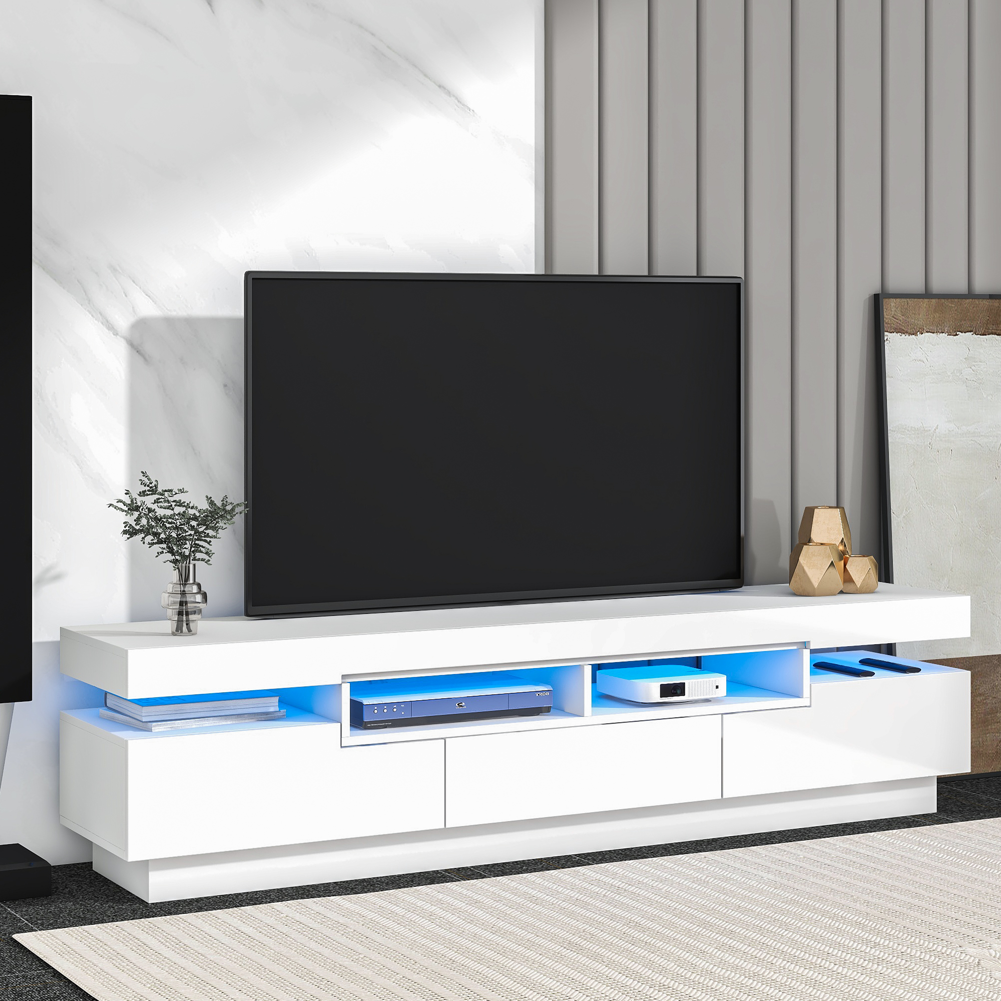 ikayaa TV Stand with 4 Open Shelves, Modern High Gloss Entertainment