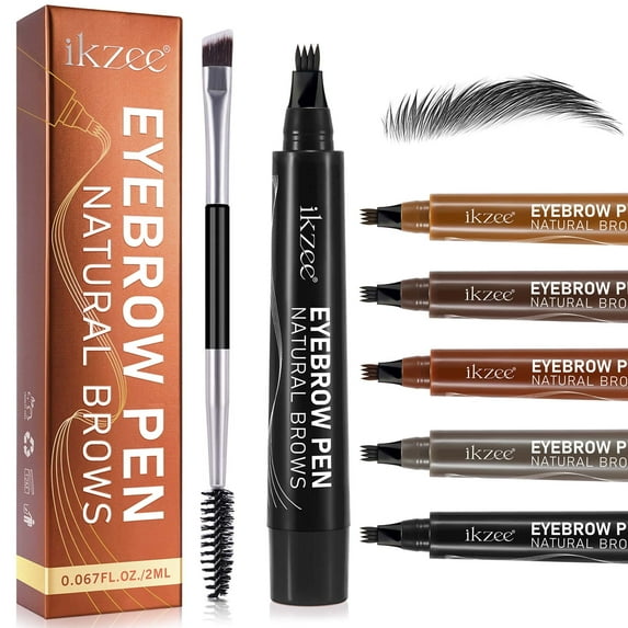 ikzee Eyebrow Pen (Black), 4 Fork Tip for 3D Natural Eyebrow, Hair Line, Beard Line,Waterproof - Last All Day - Liquid Eyebrow Pencil