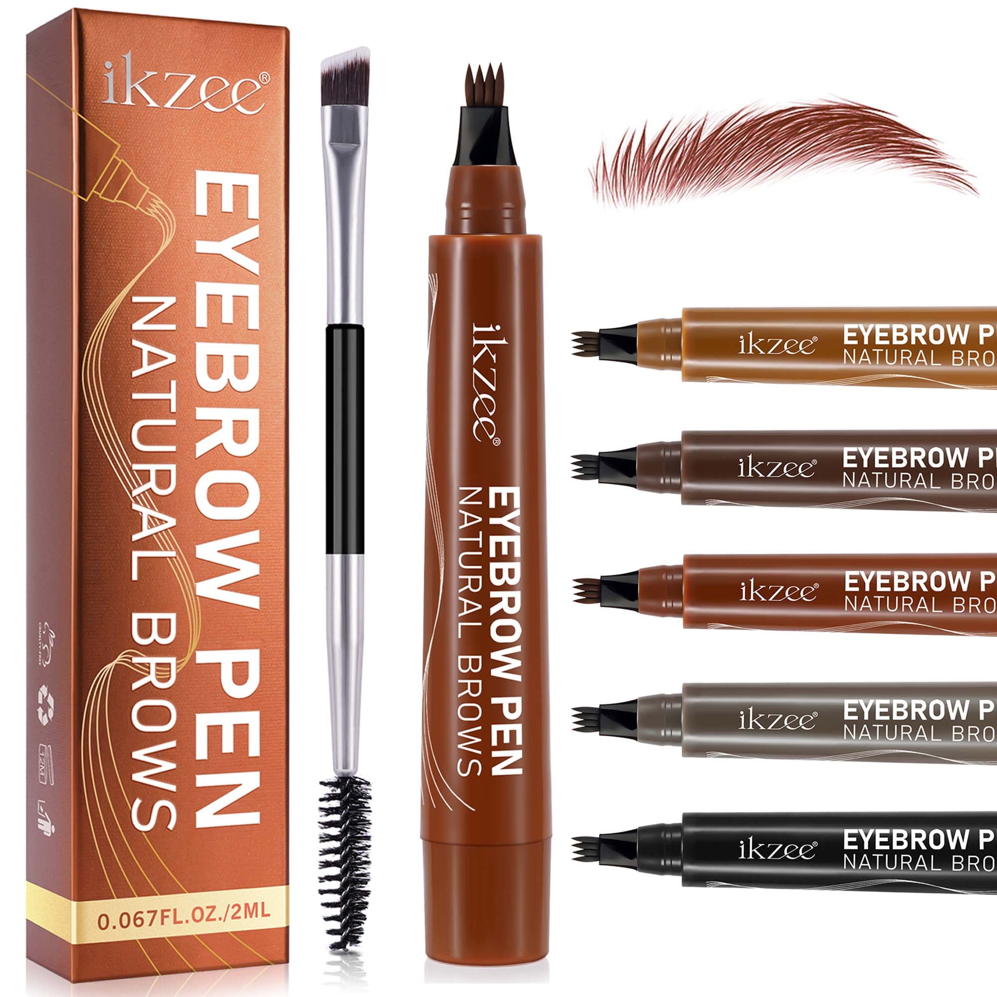 ikzee Eyebrow Pen (Brown), 4 Fork Tip for 3D Natural Eyebrow, Hair